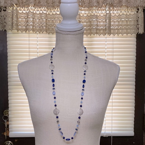 Vintage Chaps Silver Tone & Blue Stone Long Bracelet, Custom Jewelry 38”L